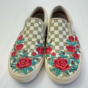Vans DX Leather Sage & Roses Checkered, Embroidered Rose Slip On Sneaker, Sz 9